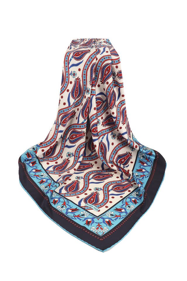 Turkuaz Sarmaşık Lale Desen İpeksi Eşarp - 3