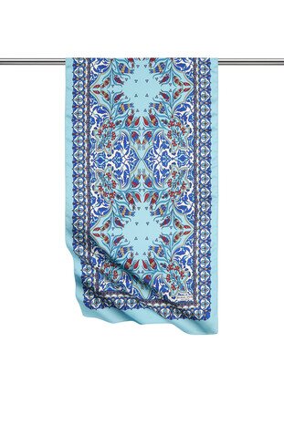Sax Blue Tile Tulip Pattern Narrow Silky Foulard 