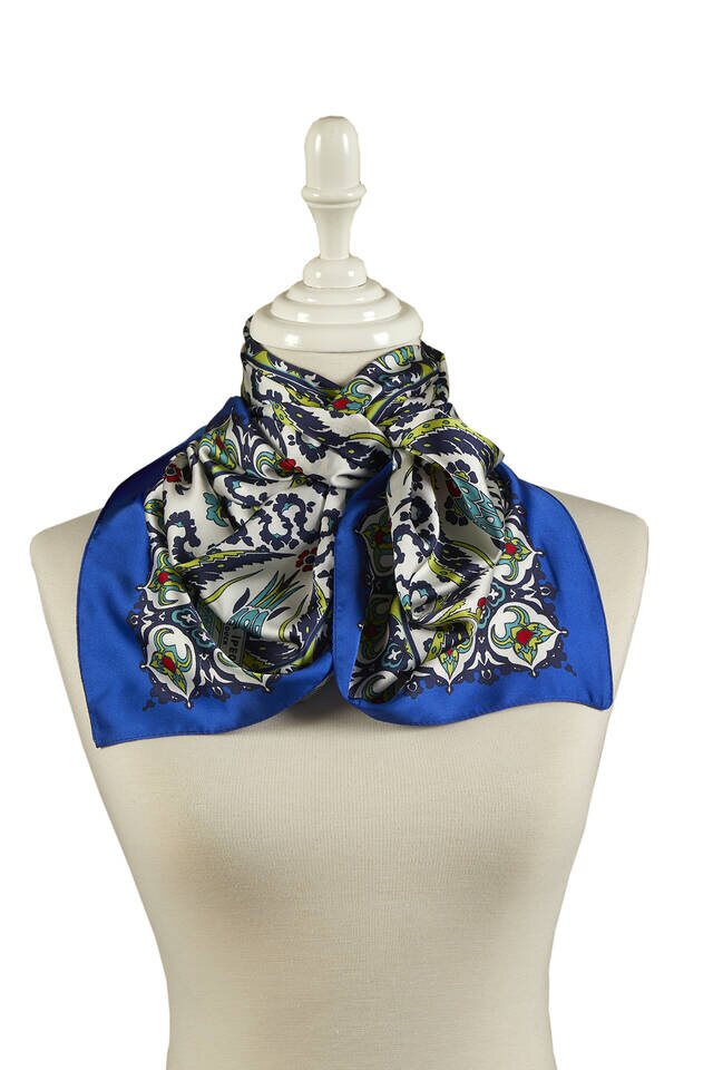 Sax Green Carnation Pattern Narrow Silky Foulard - 2