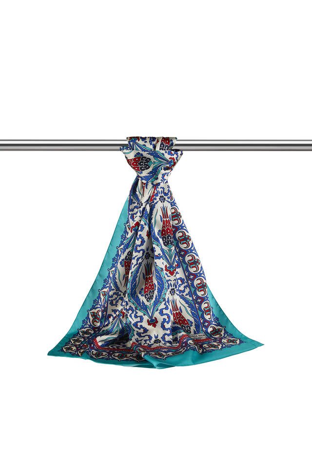 Sax Navy Blue Carnation Pattern Narrow Silky Foulard - 3