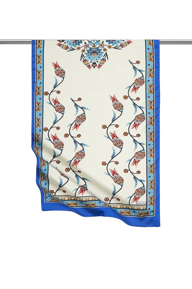 Sax Turquoise Row Tulip Pattern Wide Silky Foulard 
