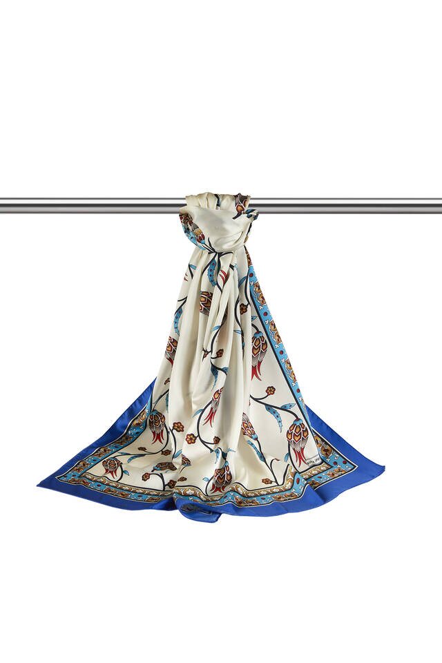 Sax Turquoise Row Tulip Pattern Wide Silky Foulard - 3