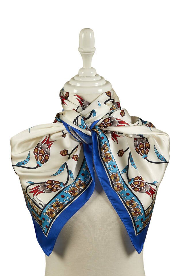 Sax Turquoise Row Tulip Pattern Wide Silky Foulard - 2