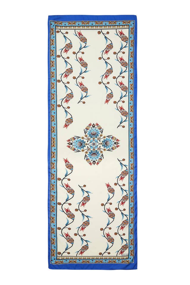 Sax Turquoise Row Tulip Pattern Wide Silky Foulard - 4