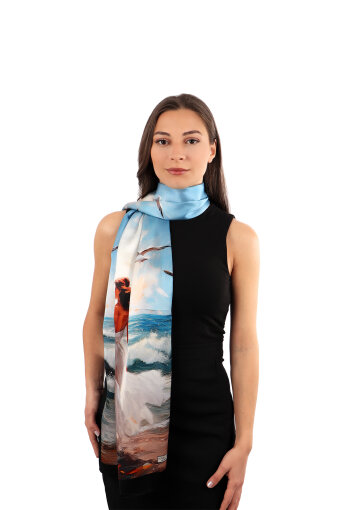 Blue Seagull Pattern Silk Scarf 