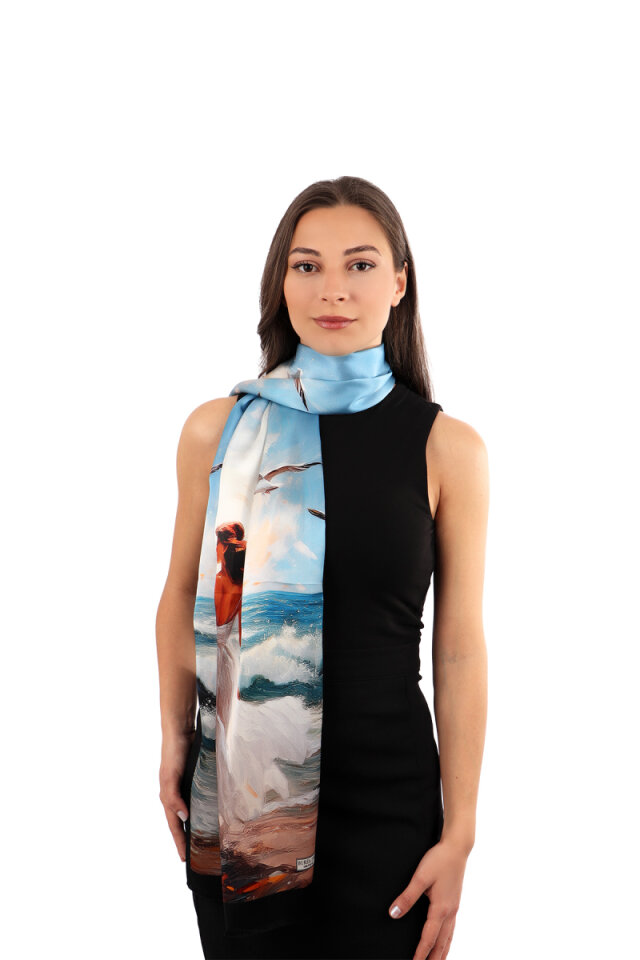 Blue Seagull Pattern Silk Scarf - Bursa İpek