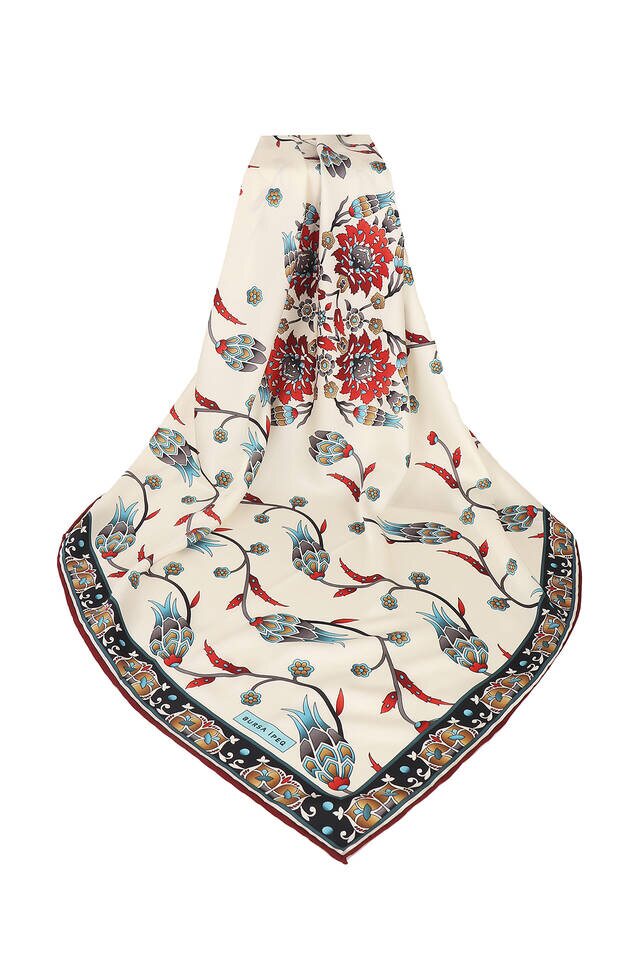 Bordo Sıra Lale Desen İpeksi Eşarp - 3