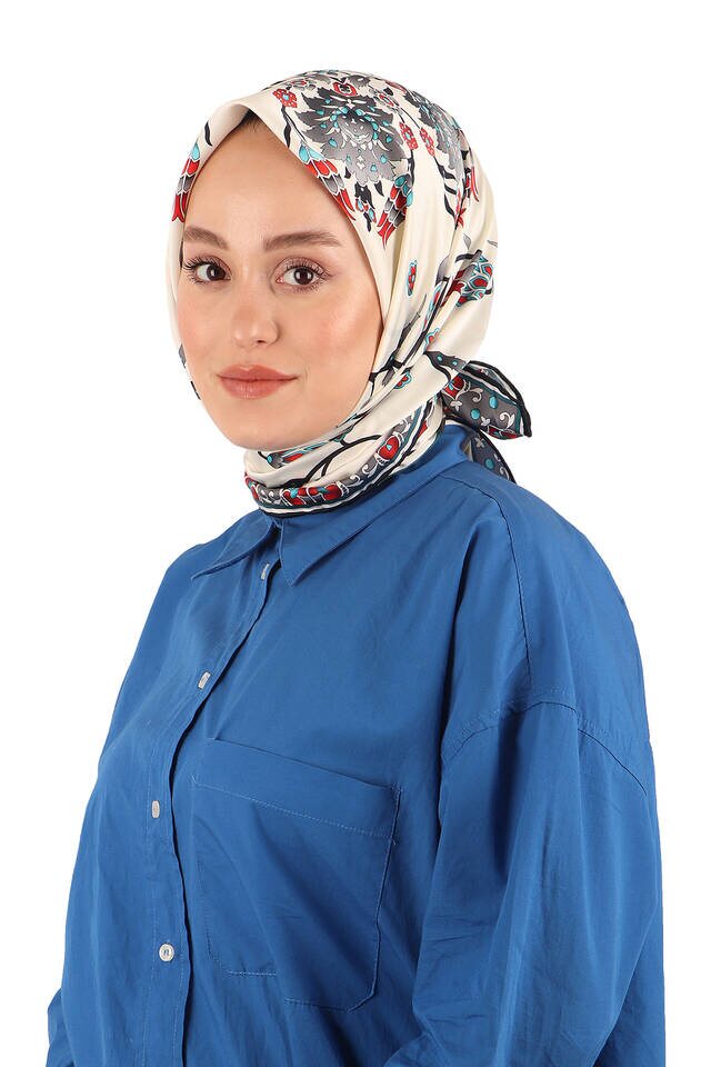 Gri Sıra Lale Desen İpeksi Eşarp - 2