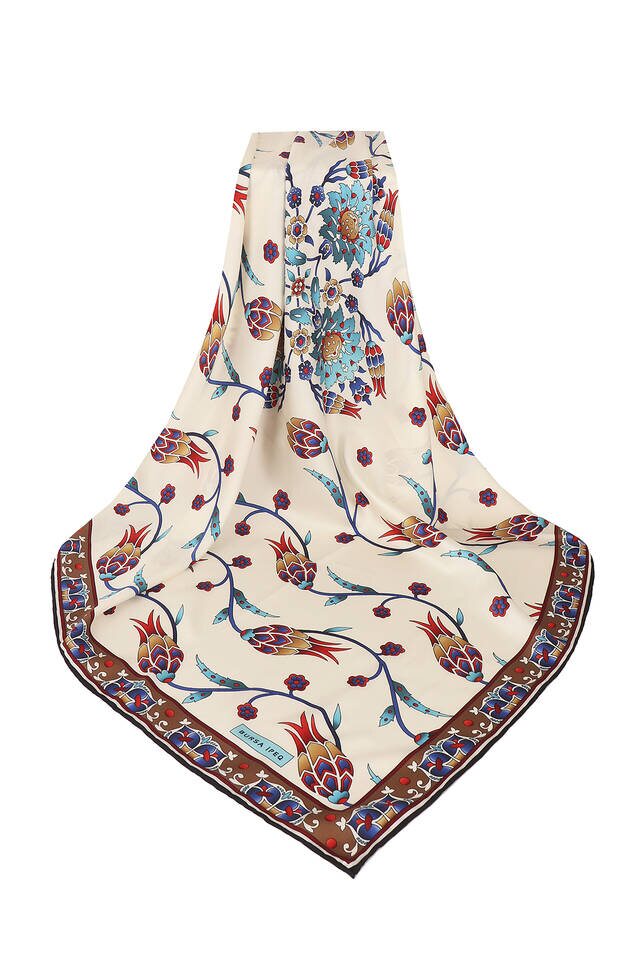 Kahverengi Sıra Lale Desen İpeksi Eşarp - 3