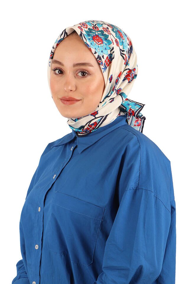 Lacivert Sıra Lale Desen İpeksi Eşarp - 2