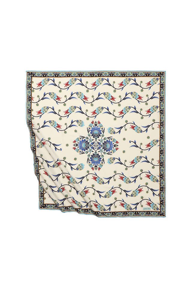 Turkuaz Sıra Lale Desen İpeksi Eşarp - Bursa İpek