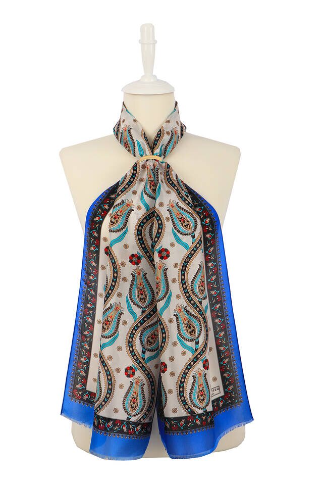 Saks Siyah Sıra Lale Vual İpek Fular - 1