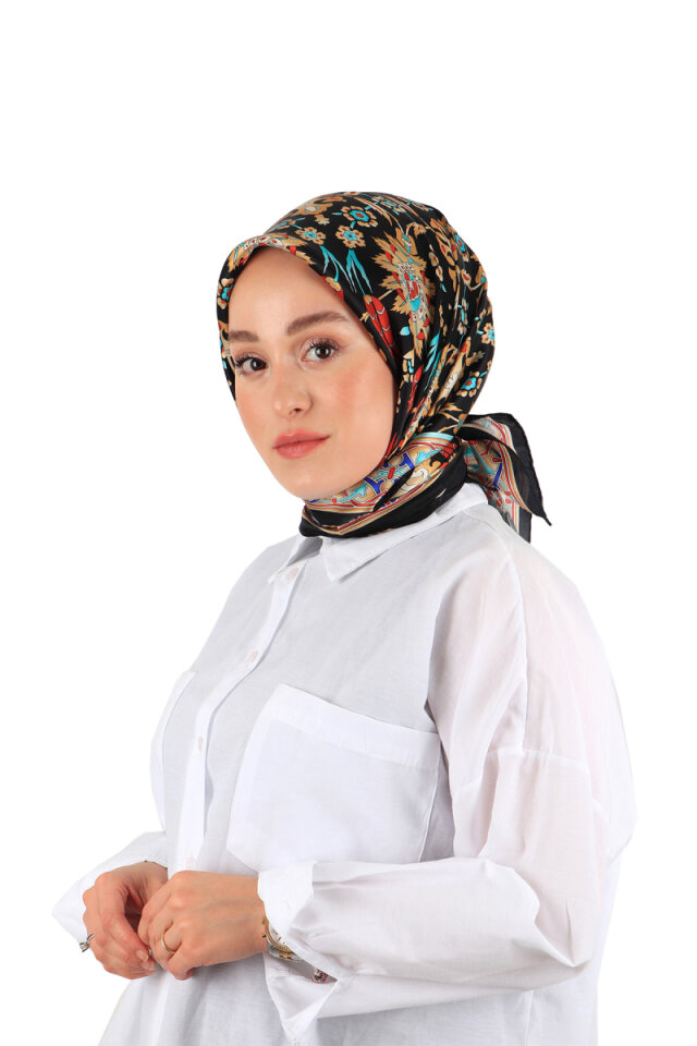 Siyah Bej Çini Lale Desen İpek Eşarp 