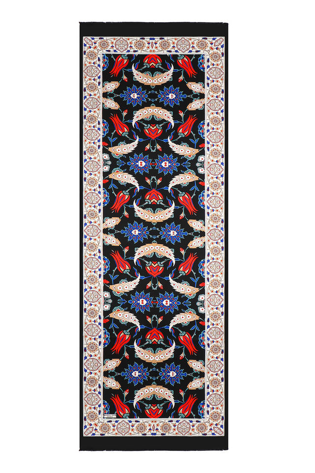 Siyah Ekru Efes Desen İpek Fular - 4