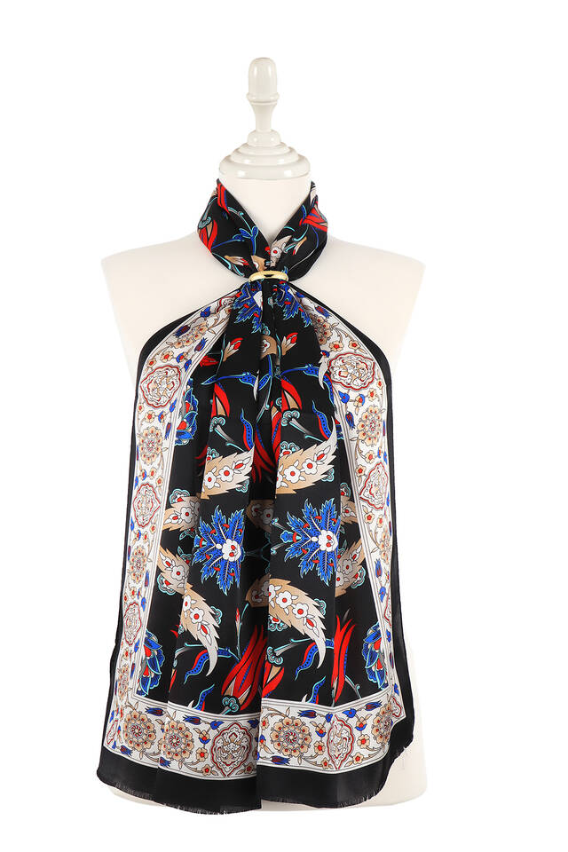 Siyah Ekru Efes Desen İpek Fular - 1