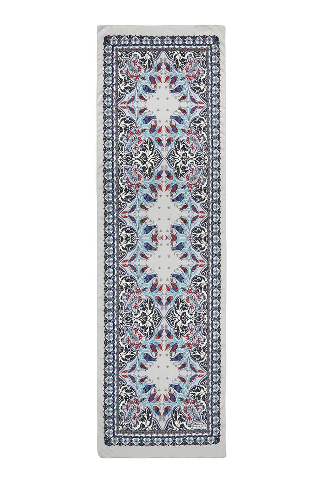 Siyah Gri Çini Lale Desen Dar İpeksi Fular - 4