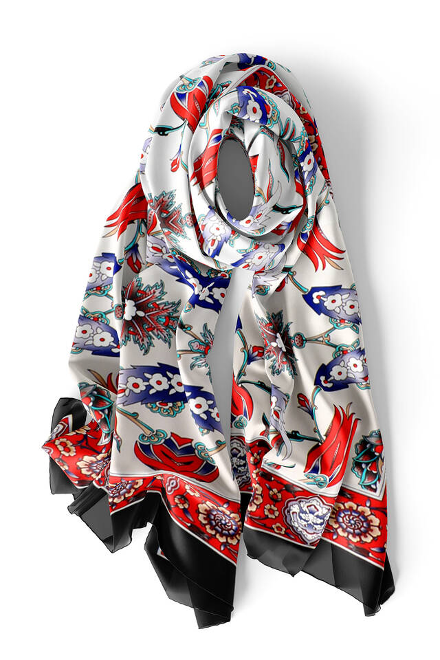 Siyah Kırmızı Efes Desen İpek Fular - 3