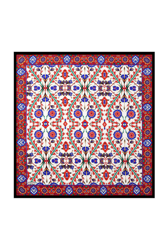 Siyah Kırmızı Selçuk Desen İpek Eşarp - 2