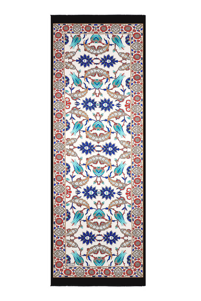 Siyah Krem Efes Desen İpek Fular - 4