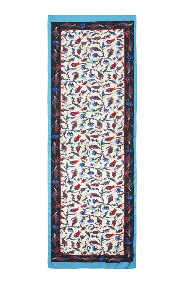 Siyah Turkuaz Karanfil Lale Desen Geniş İpeksi Fular - 4