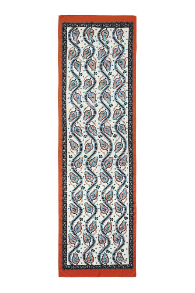 Siyah Turuncu Sıra Lale Desen Dar İpeksi Fular - 4