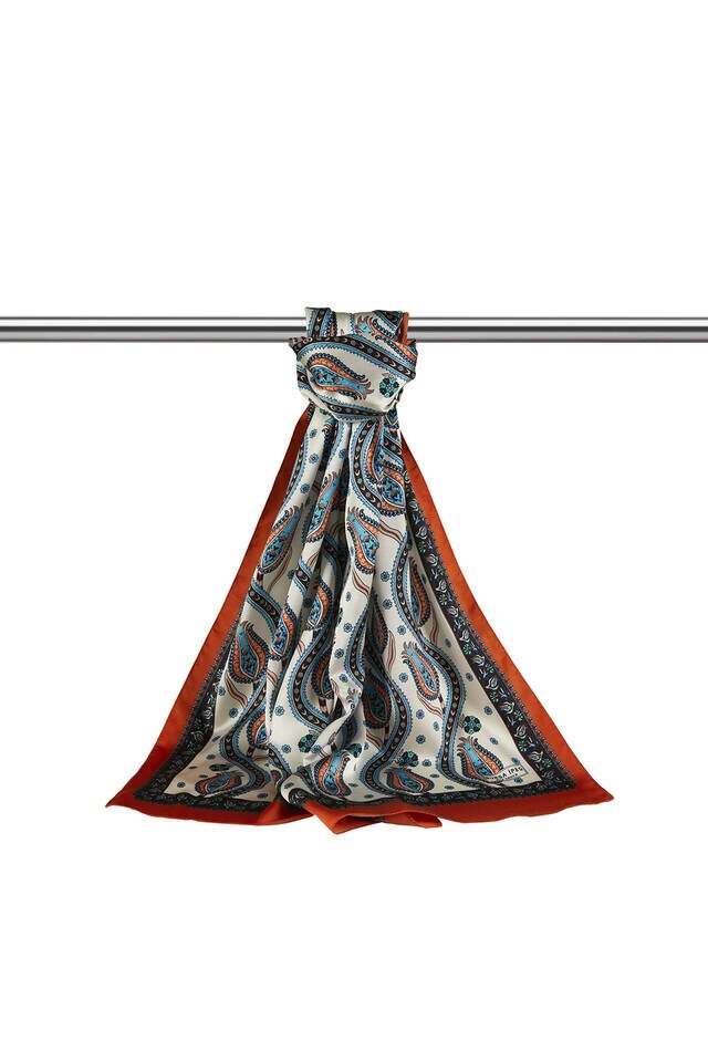 Siyah Turuncu Sıra Lale Desen Dar İpeksi Fular - 3