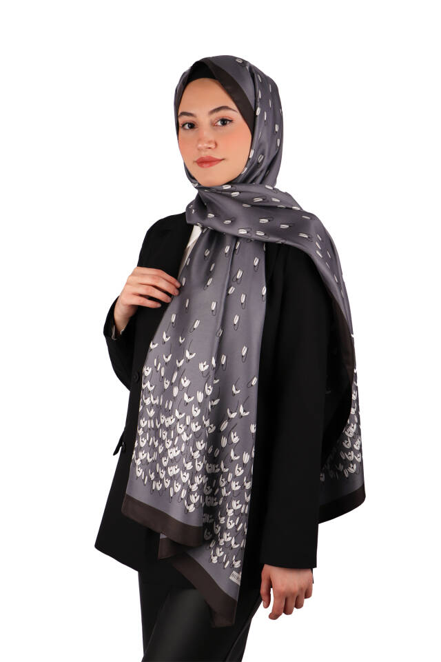 Anthracite Snowdrop Pattern Twill Silk Shawl - 2