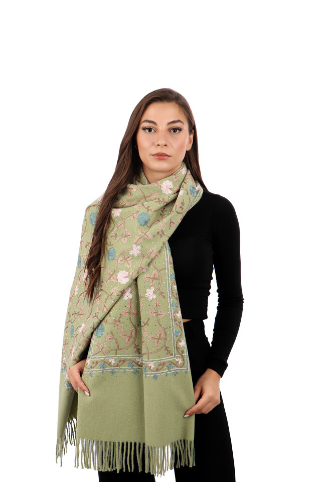 Light Green Stone Embroidered Winter Shawl 
