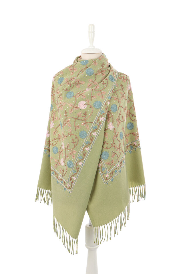 Light Green Stone Embroidered Winter Shawl - 2