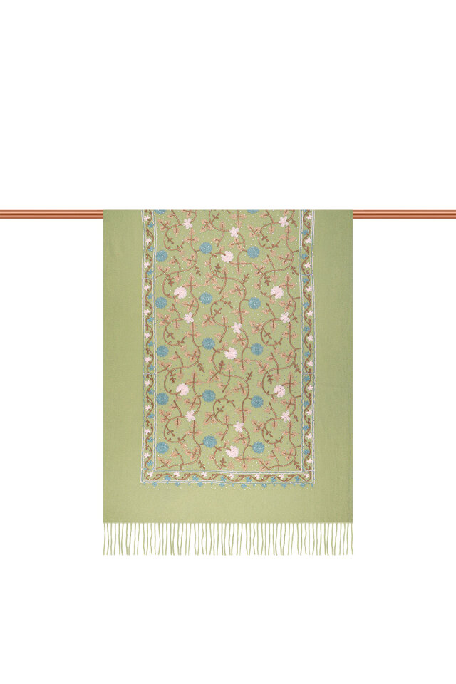 Light Green Stone Embroidered Winter Shawl - 3