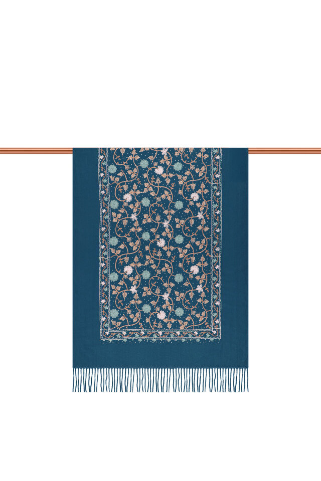 Petrol Blue Stone Embroidered Winter Shawl - 3
