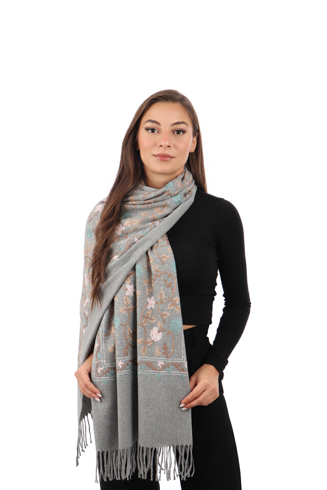 Silver Stone Embroidered Winter Shawl 