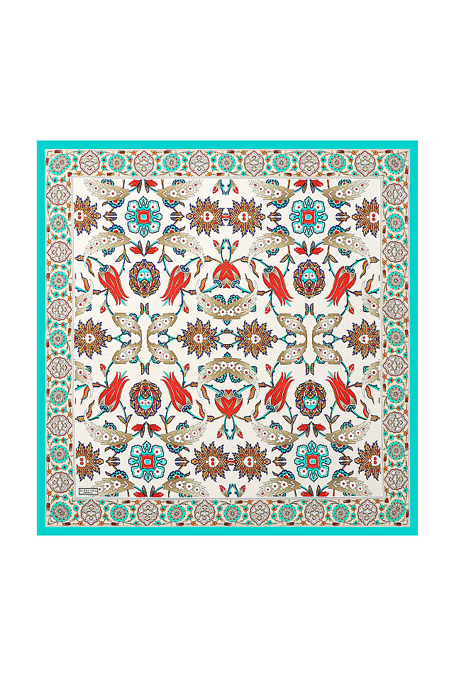 Su Yeşil Krem Efes Desen İpek Eşarp - Bursa İpek