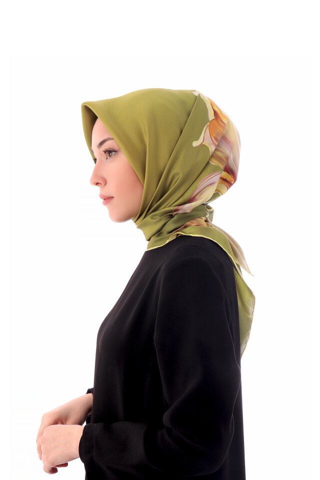 Asit Yeşil Süsen Desen Twill İpek Eşarp - Bursa İpek