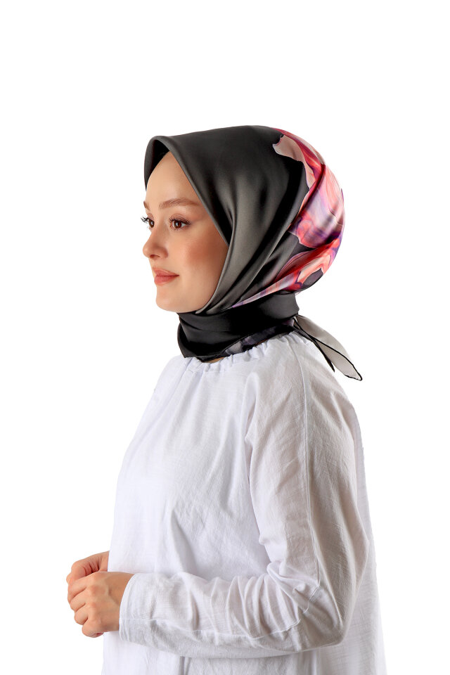 Pembe Süsen Desen Twill İpek Eşarp 