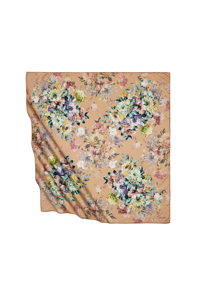 Taba Fourflower Pattern Silky Square Scarf - Bursa İpek
