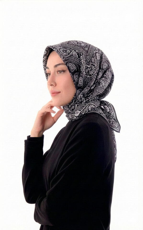 Gri Taç Desen Twill İpek Eşarp 