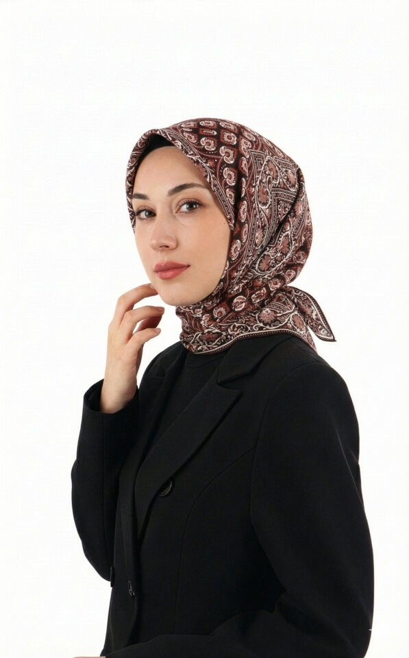 Kahverengi Taç Desen Twill İpek Eşarp 