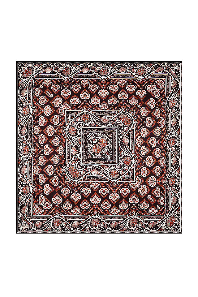 Kahverengi Taç Desen Twill İpek Eşarp 