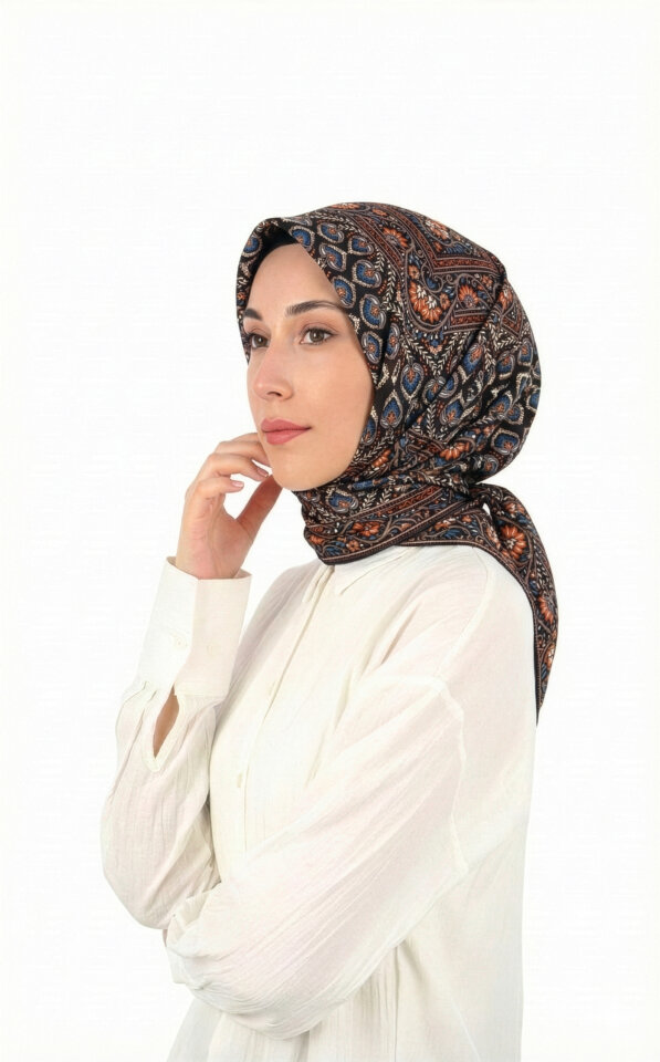 Turuncu Taç Desen Twill İpek Eşarp 