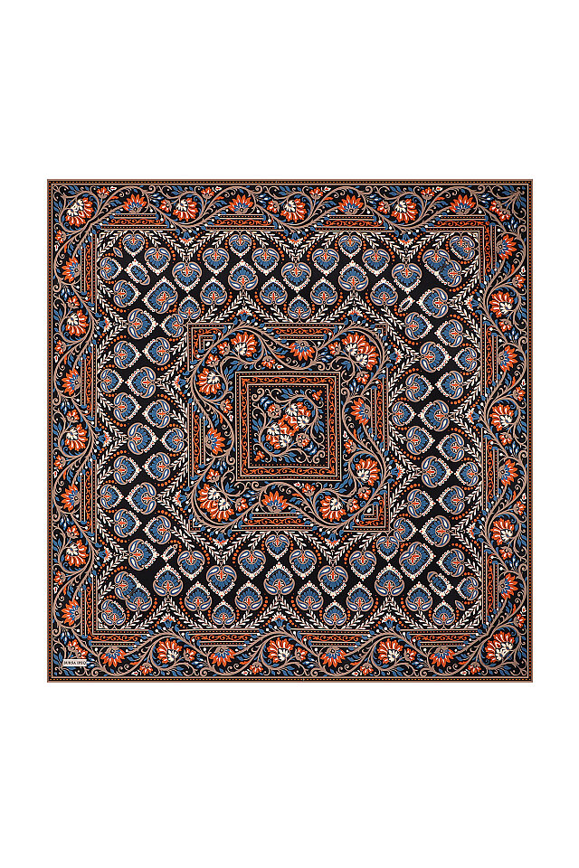 Turuncu Taç Desen Twill İpek Eşarp 