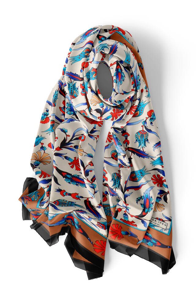 Tan Black Carnation Tulip Silk Foulard - 3