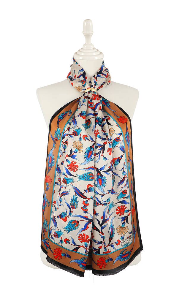 Tan Black Carnation Tulip Silk Foulard 