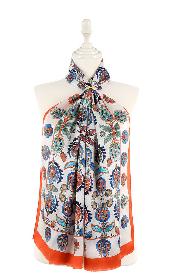 Tan Iznik Pattern Narrow Silk Foulard - Bursa İpek