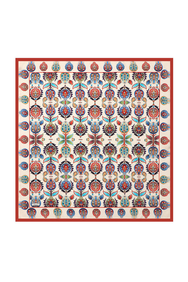 Tan Iznik Pattern Silk Square Scarf - 2