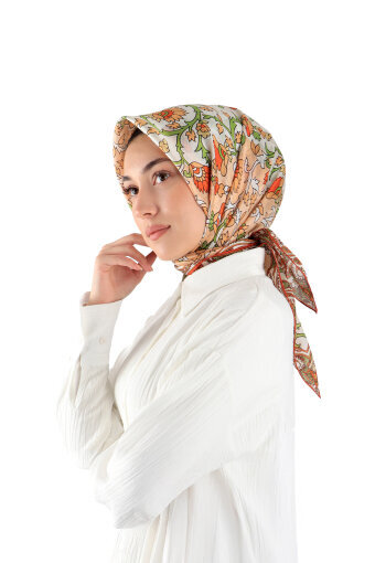 Tan Shawl Pattern Voile Silk Square Scarf 