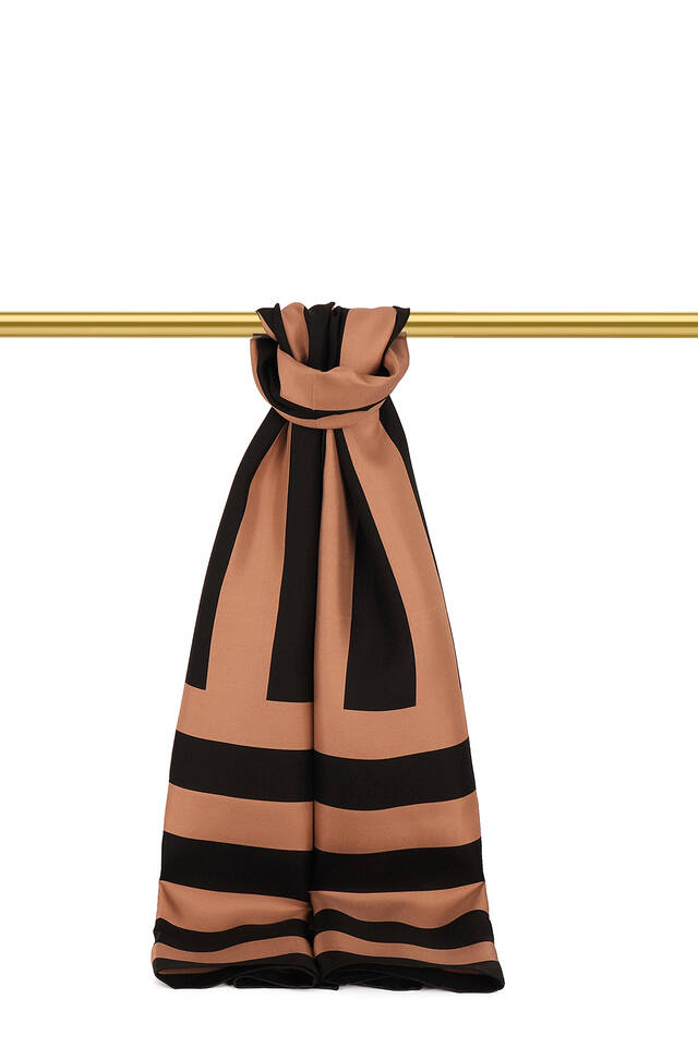 Tan Stripe Pattern Twill Silk Scarf - Bursa İpek
