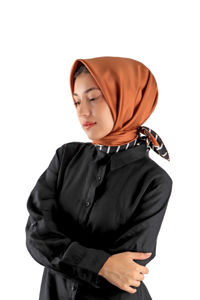 Tan Stripe Pattern Twill Silk Square Scarf - 2