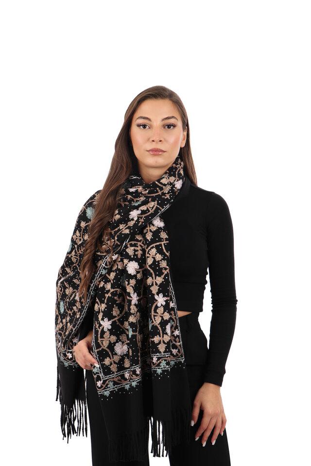 Black Stone Embroidered Winter Shawl 