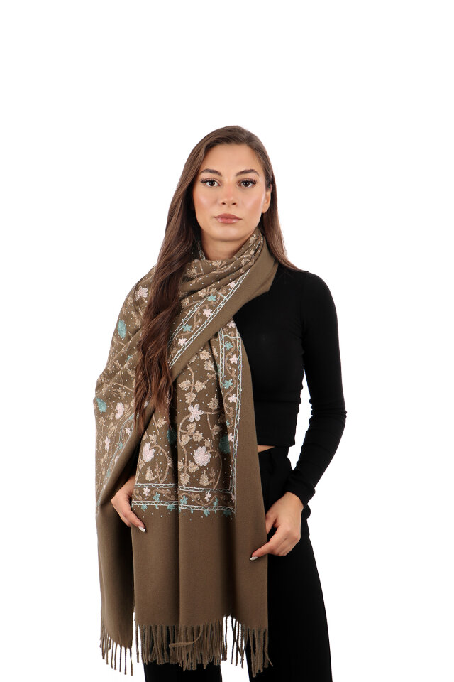 Brown Stone Embroidered Winter Shawl 